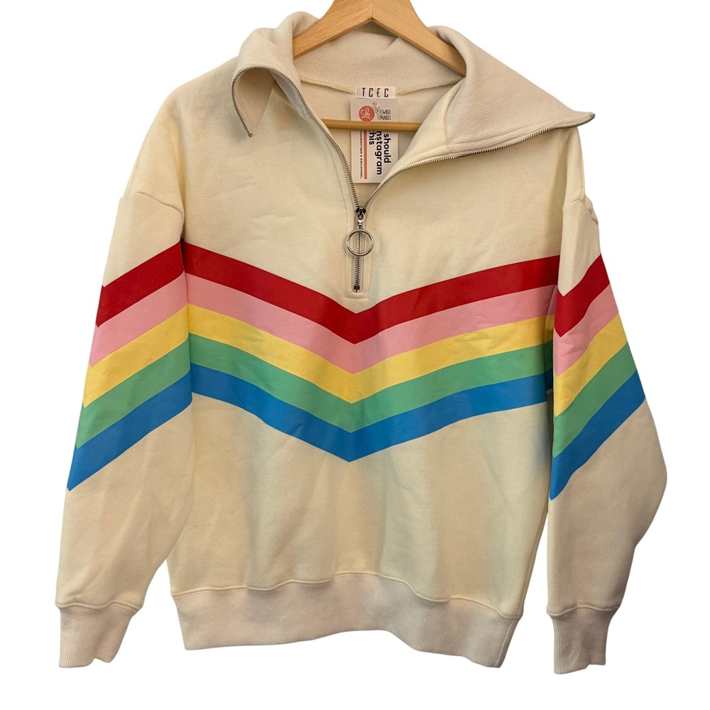 TCEC Rainbow Striped Quarter Zip Womens‎ Small Cream New Retro Chevron Pullover